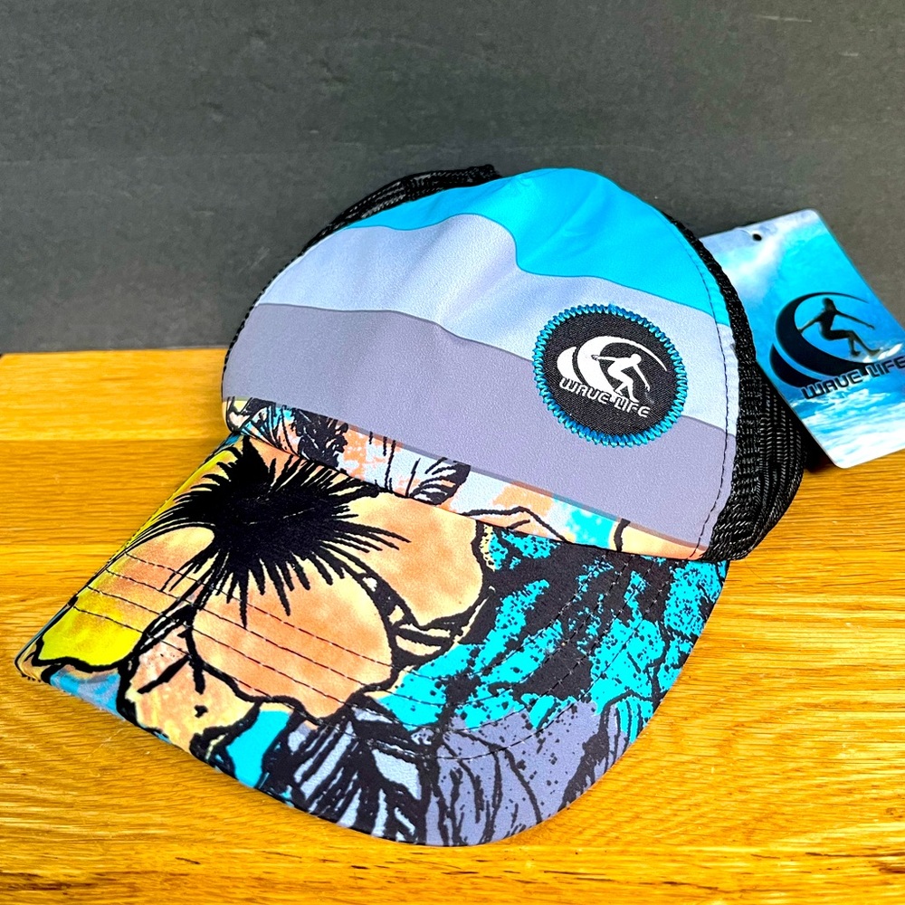 NEW Wave Life Cap Hibiscus Turquoise Mesh Back Hat Beach Hawaiian Surfer Summer